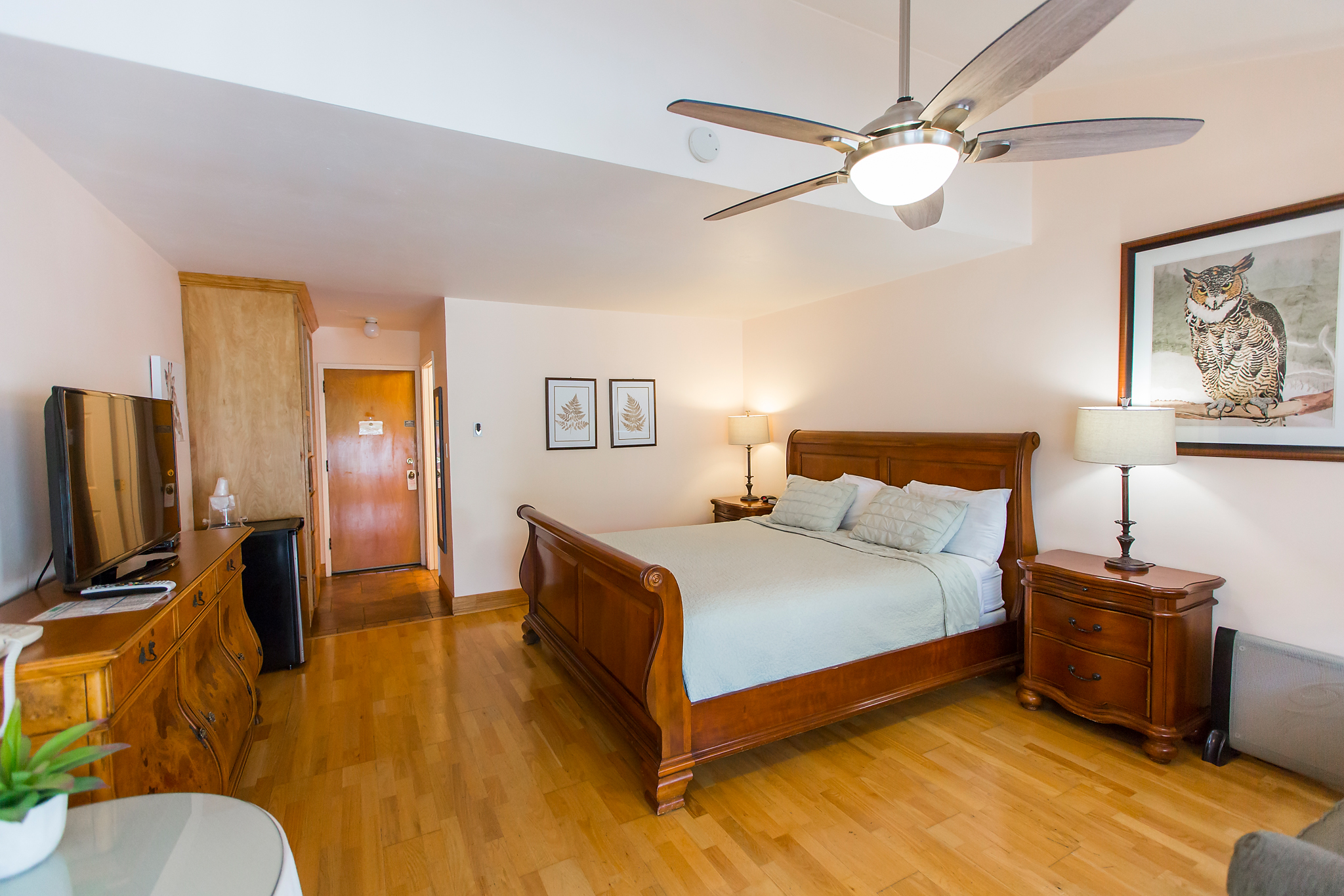 A wide view of a hotel room with a bed, TV, and nightstand.