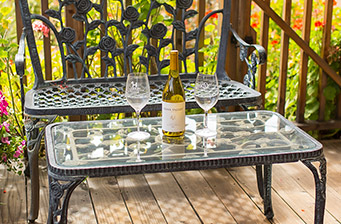 White wine and two glasses at one of our many sitting areas.